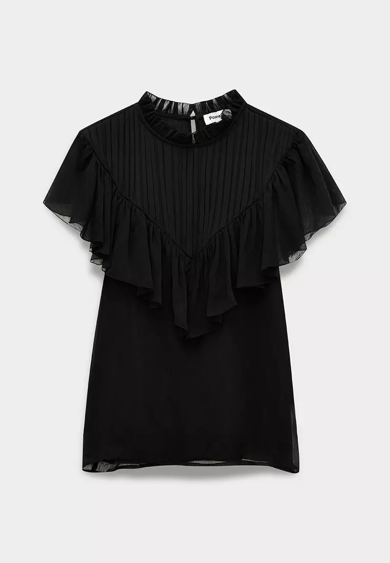 Ruffle Yoke High Neck Blouse - Black