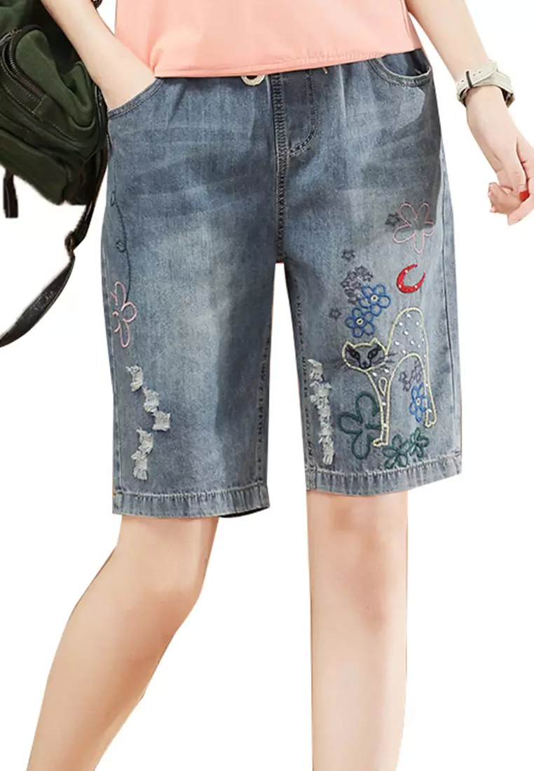 A-IN GIRLS Elastic Waist Embroidered Denim Shorts 2024, Buy A-IN GIRLS  Online