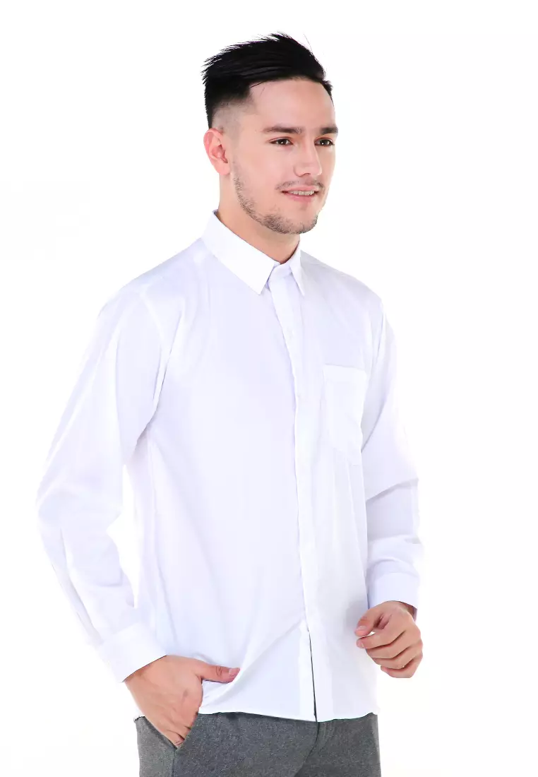 Dwan Atasan Kemeja Pria Formal Casual Longsleeve Plain Shirt Material Cotton ORIGINAL - White