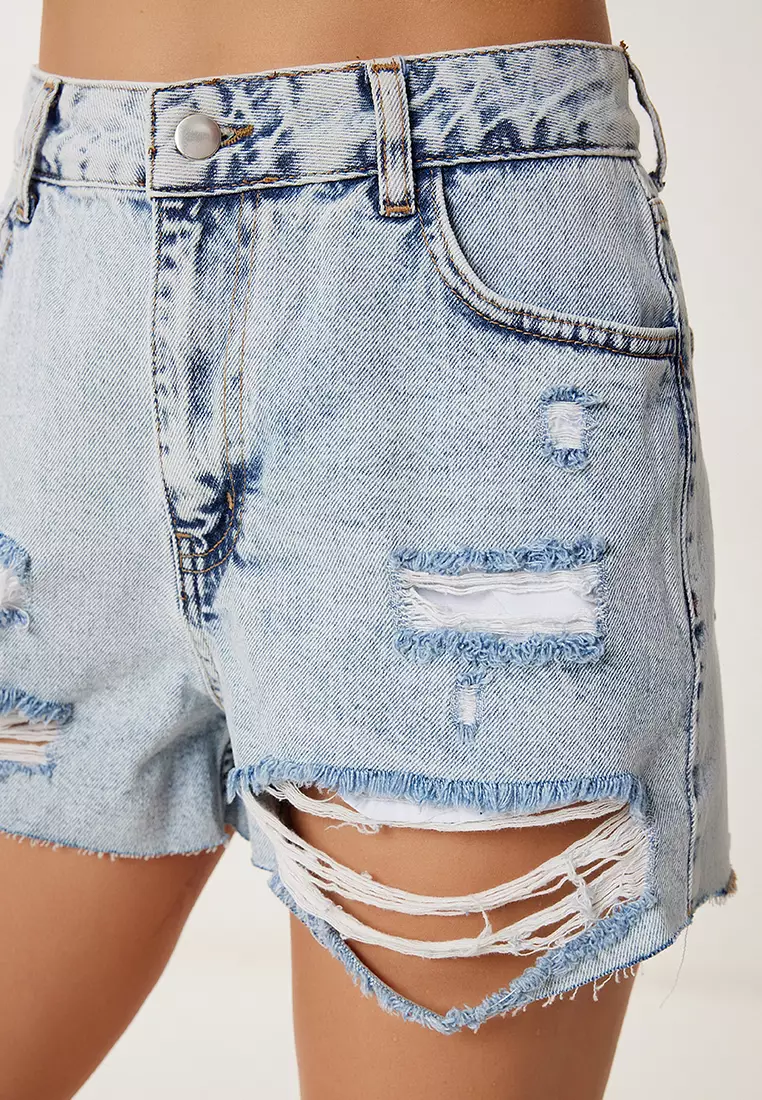 Women's Light Blue Ripped Detailed Mini Denim Shorts Rc00161