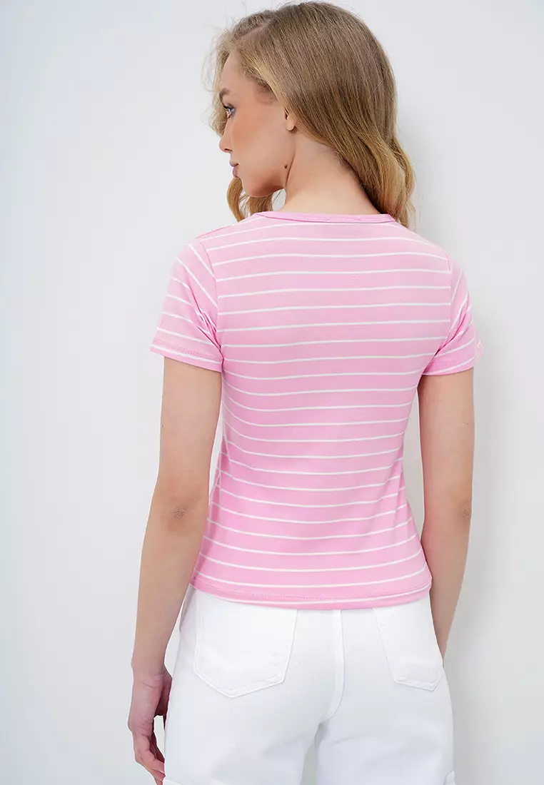 Women's Pink Crew Neck Striped T-Shirt Alc-X13919