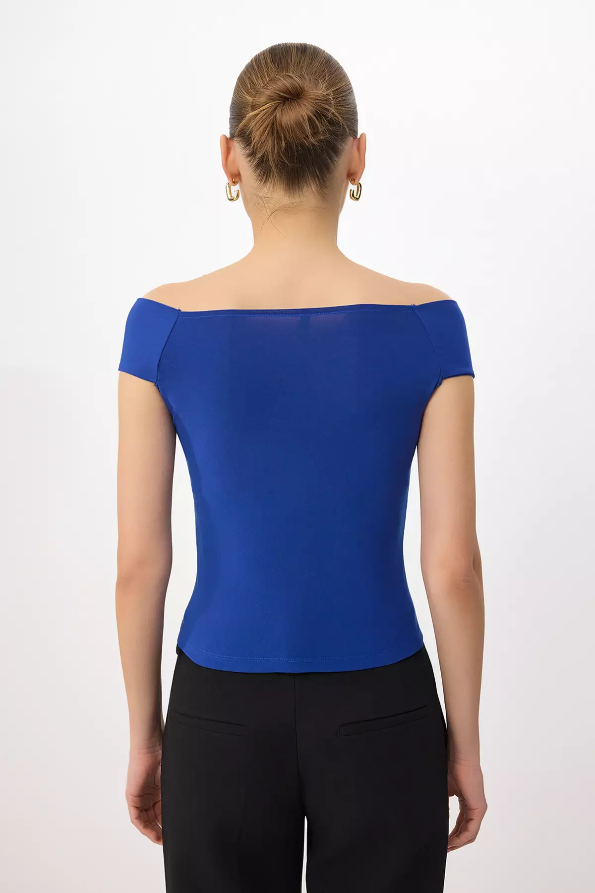 Cobalt Carmen Collar Bodycon Stretchy Crop Knitted Madonna Collar Blouse Twoss24Bz368