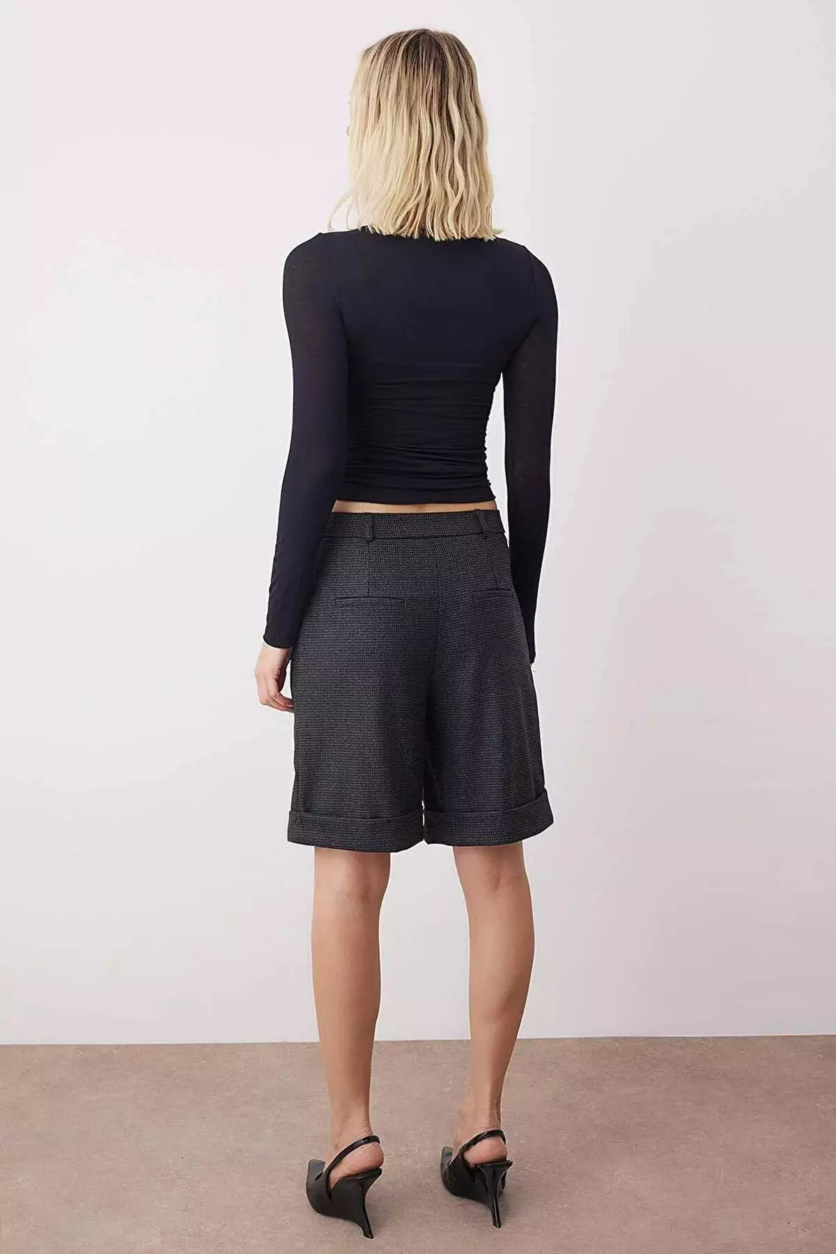 Anthracite Mini Houndstooth Patterned Double Leg Fabric Shorts & Bermuda