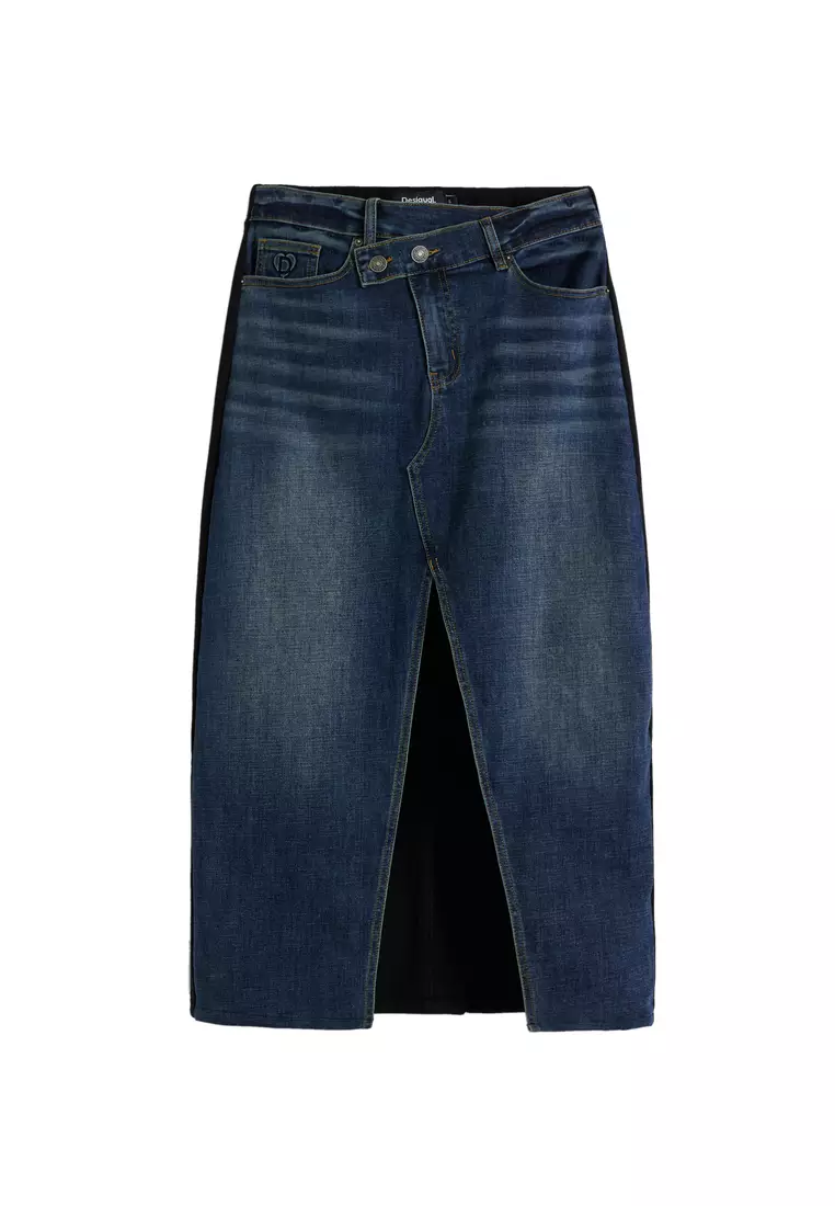 Combined denim midi skirt