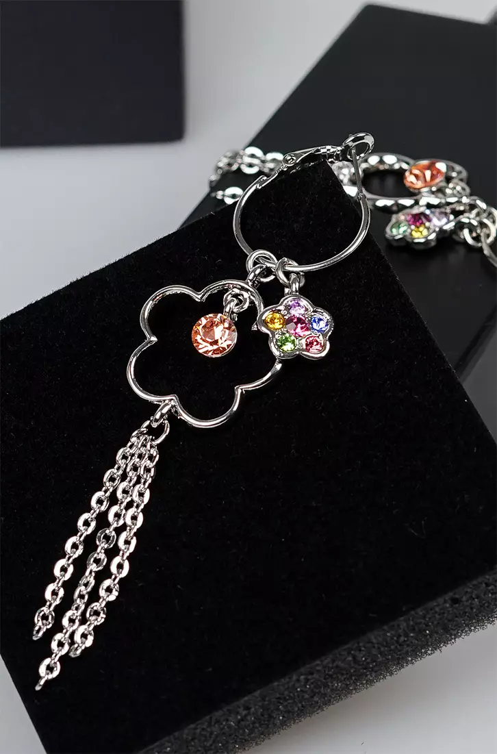 Flower Shape Earrings with Tassols and Multi-color Austrian Element Crystals