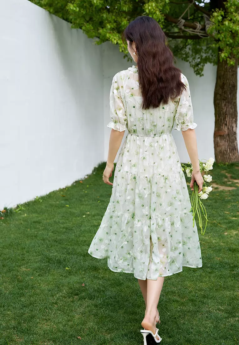 Ruffled Sleeve and Collar Tiered Floral Dress