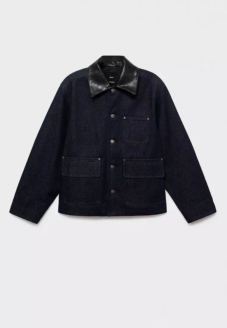 Denim Jacket With Leather-Effect Collar