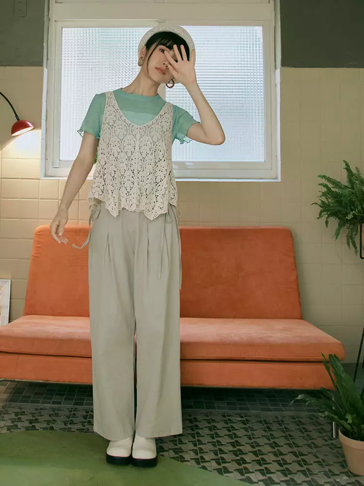 Wrinkled sheer mesh short-sleeve top [AB19539]