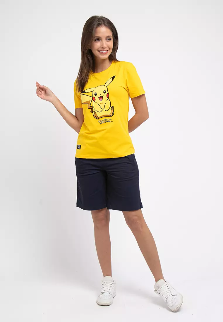 Forest X Pokemon Ladies Coral Fleece Textured Embroidered Pikachu Round Neck Tshirt Women - FP821000-65Yellow