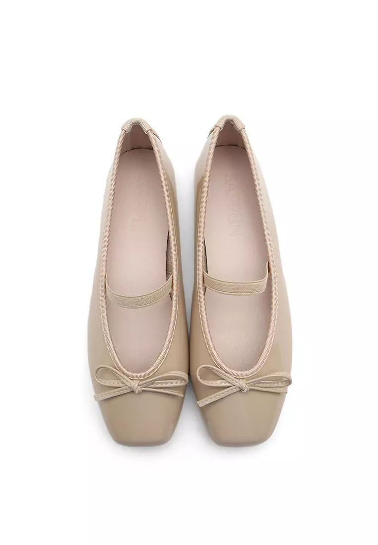Erino Enamel Ribbon Maryjane Flats (1cm) - Beige