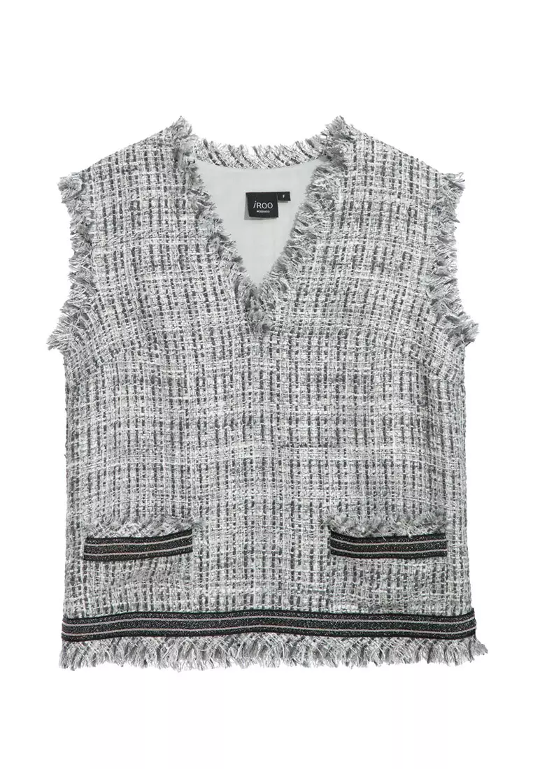 V-Neck Tweed Grey Vest With Contrast Trim Detail