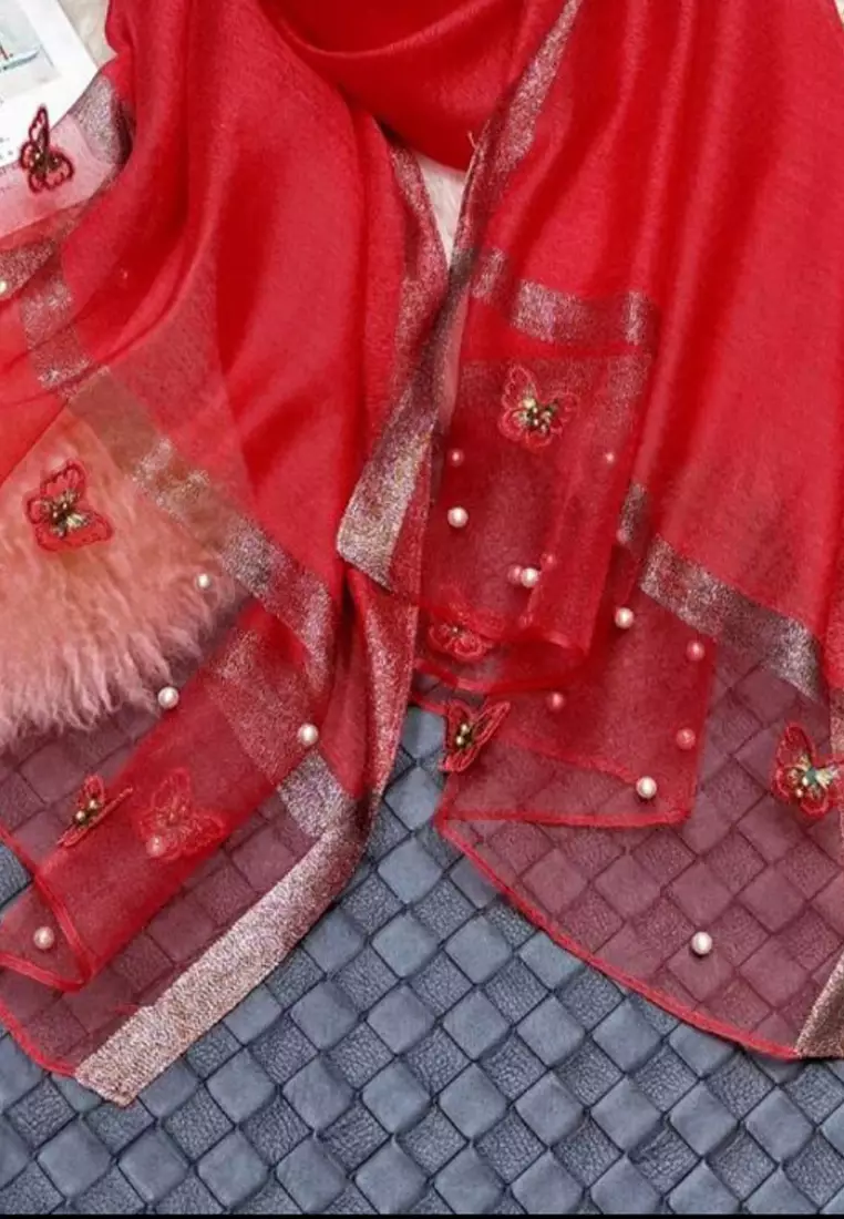 Aksesoris Wanita Pearly Studs Butterfly Embroidery Silk Shawl Syal Sutra Wanita Chilli Red
