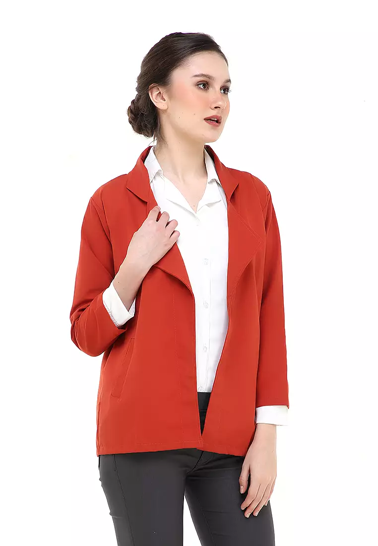 Qemsya Jas Blazer Wanita Long Outer Casual Suit Material Baby Canvas ORIGINAL - Coral