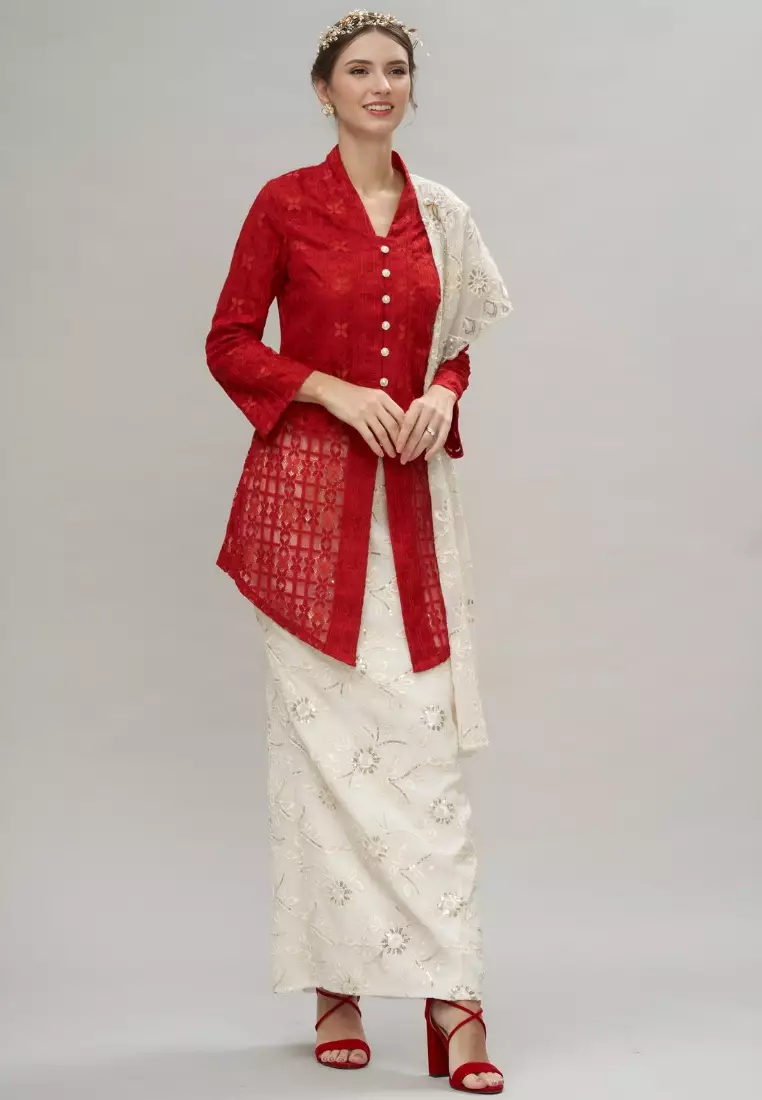 Red Checkered Lace Kebaya Top & Brokat Skirt