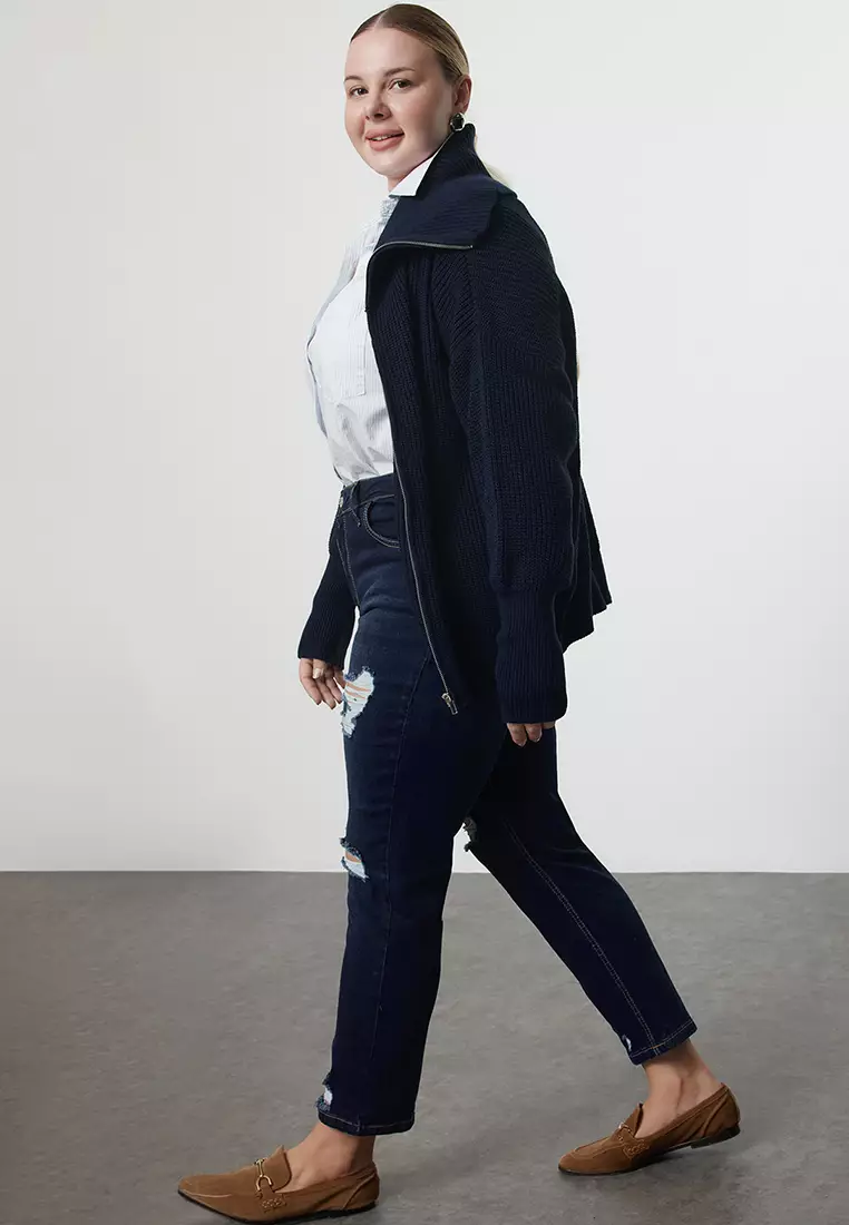 Navy Blue High Waist Ripped Detail Stretchy Skinny Jeans Tbbss22Je0187