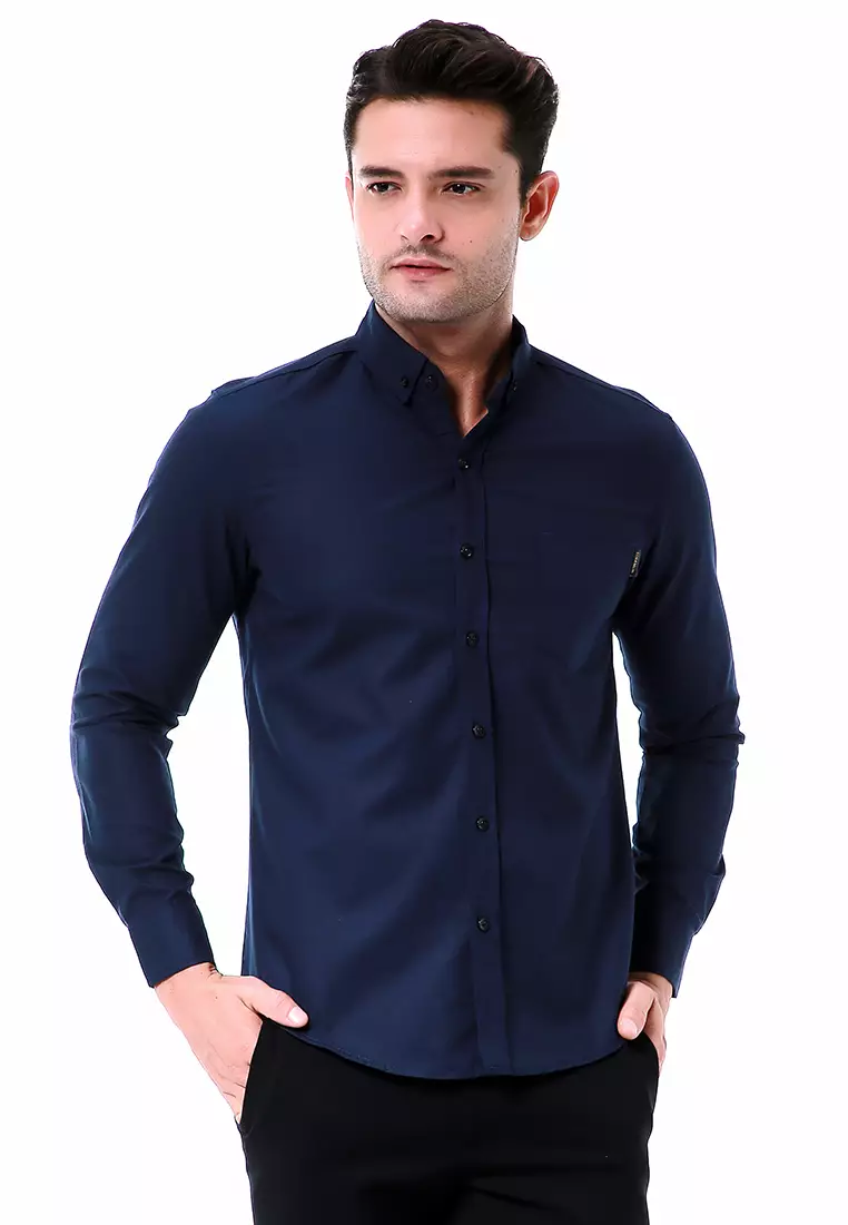 Leopold Kemeja Basic Pria Motif Polos Long Sleeve Material Cotton ORIGINAL - Navy
