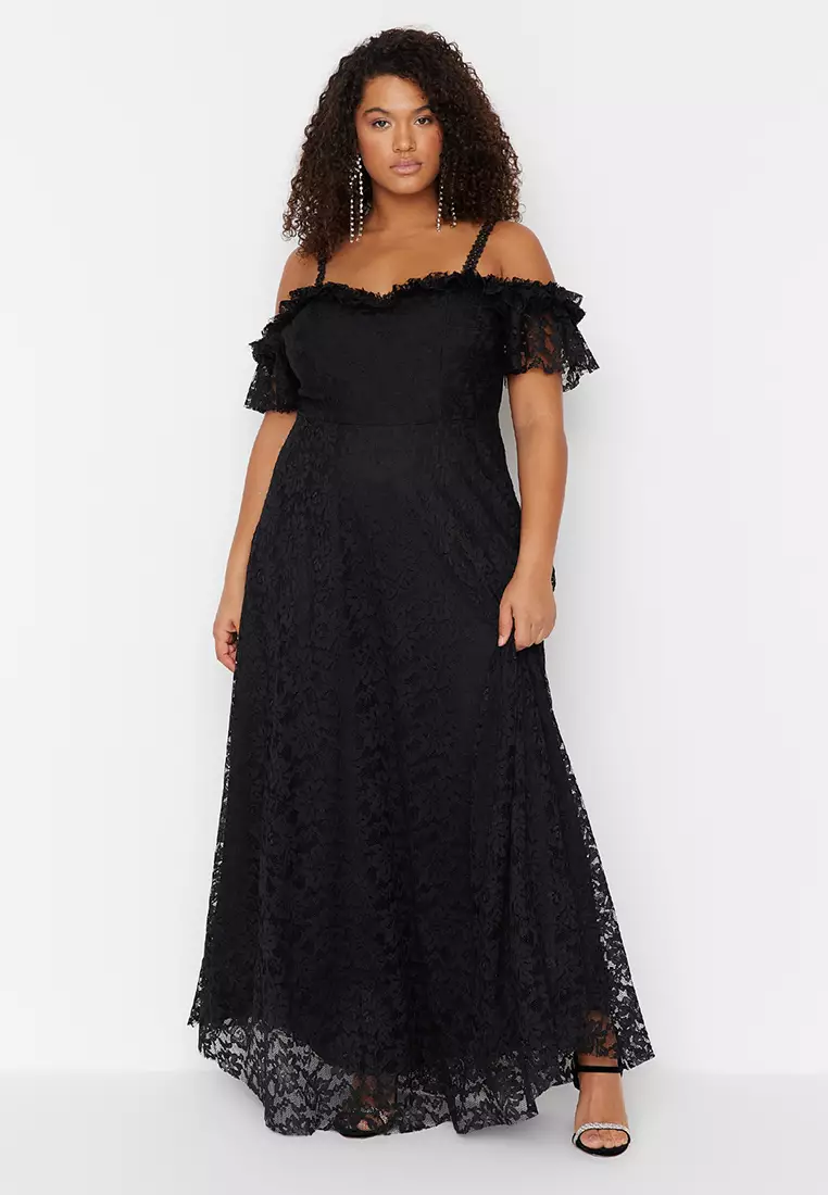 Black Strap A-Line/Flared Lace Long Evening Dress/Graduation/Engagement/Evening Dress