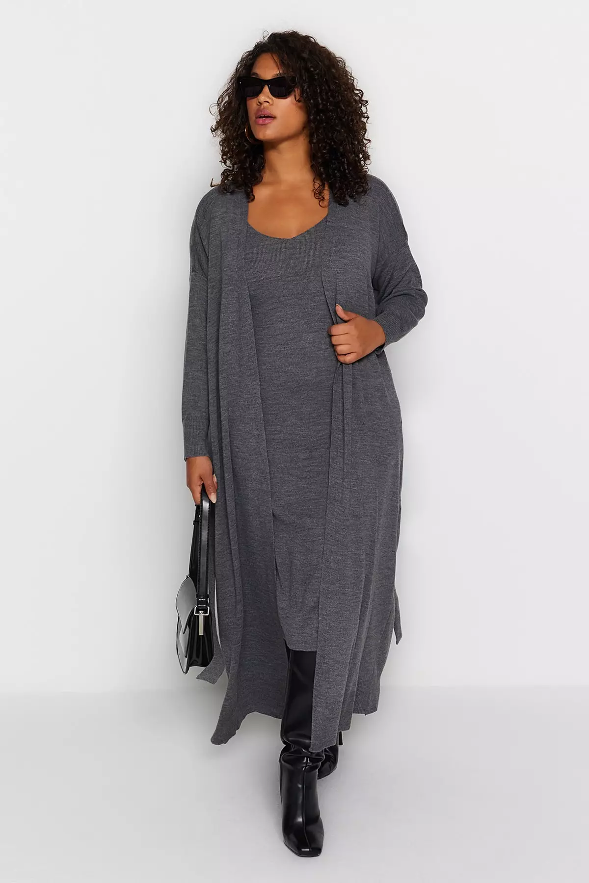 Buy Trendyol Plus Size Anthracite 2 pieces Tricot Cardigan Dress