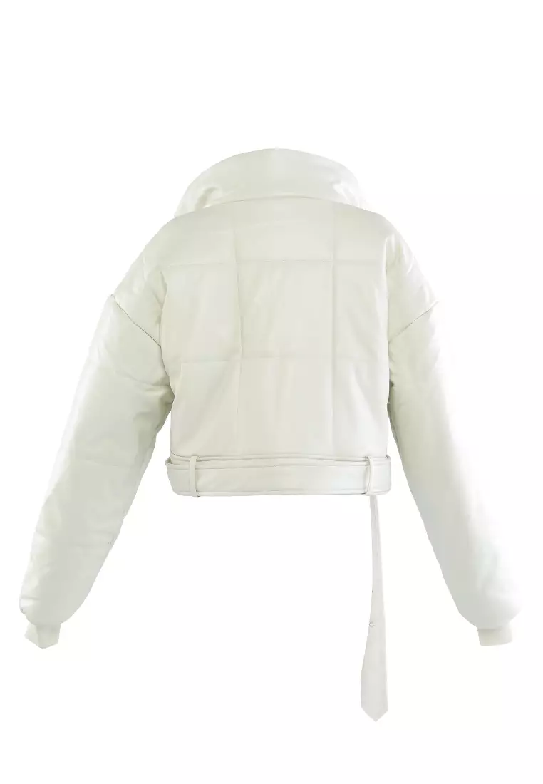 Cream Cropped Belted Puffer Jacket
