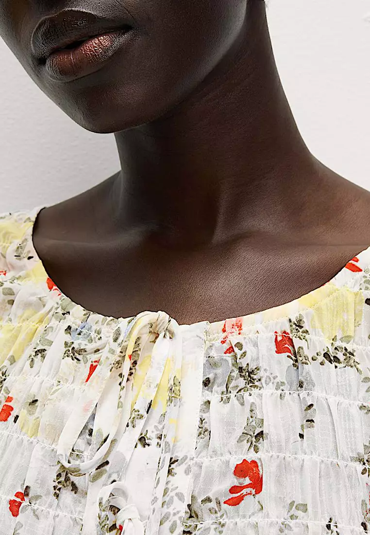 Printed Shirred Tie Detail Puff Sleeve Blouse