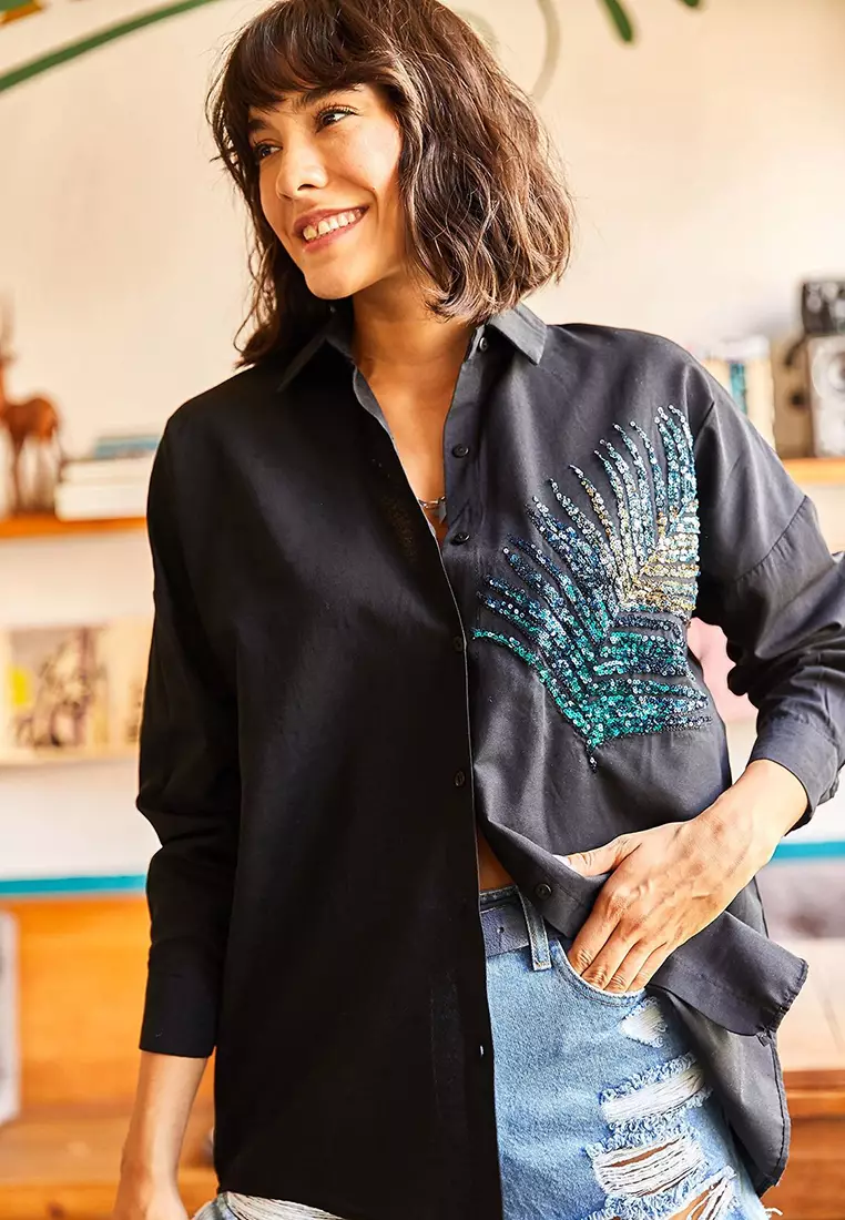Sequin Oversized Poplin Shirt