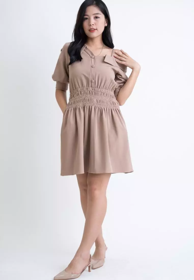 SIDE SHOULDER WITH ELASTICITY WAISTBAND DRESS