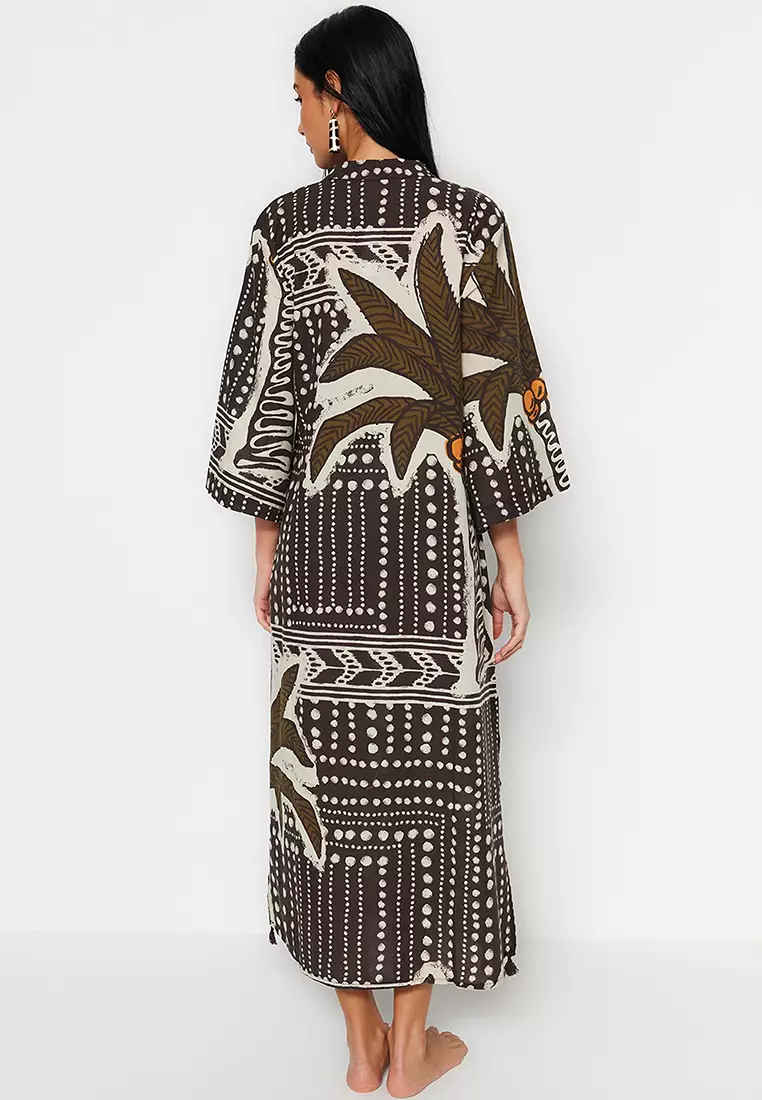 Tropical Printed Tassel Detailed Voile Kaftan