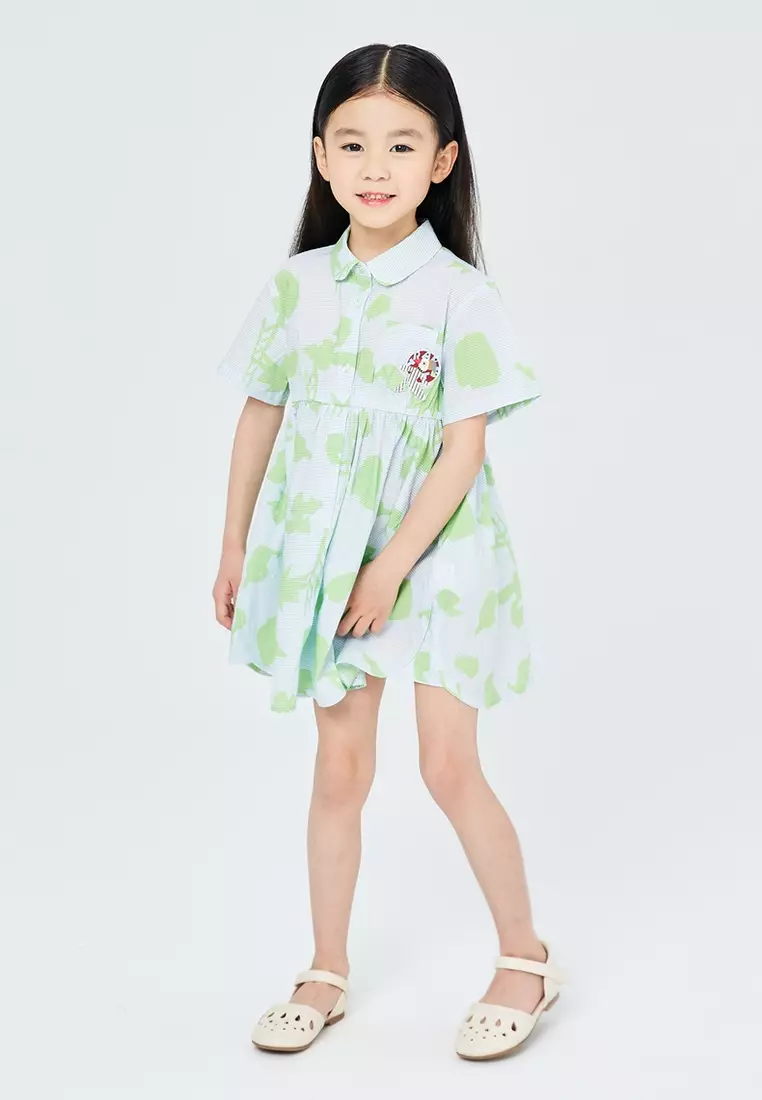 女大童儿童翻领修身连衣裙趣味印花