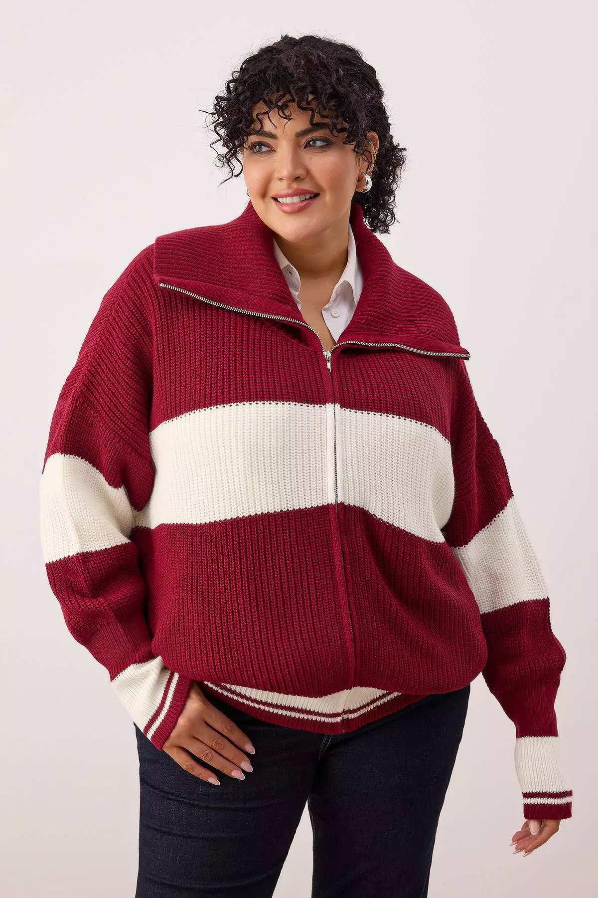 Burgundy Striped Turn-Down Collar Zippered Knitwear Cardigan Tbbaw25Av00009