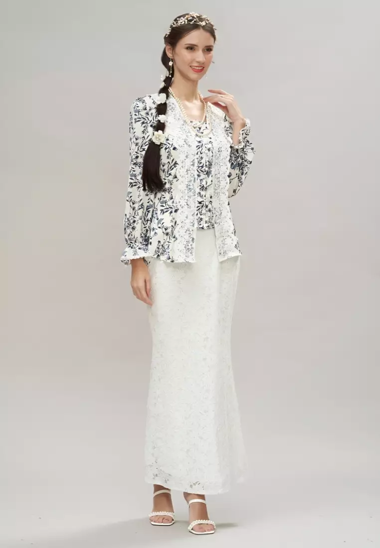 Vintage Blue Floral Lace Trimming Kebaya Top & White Lace Skirt Modern Kurung