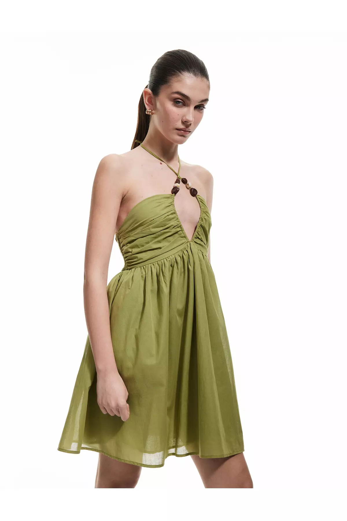 Cotton Beaded Detail Strappy Halter Neck Mini Beach Dress
