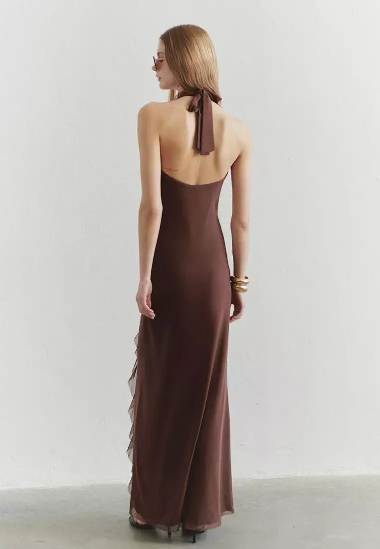 Limited Edition Brown Ruffled Lined Tulle Evening Prom Dress TPRSS25AE00063