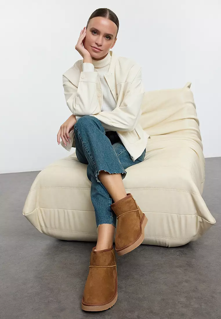 Tan Fur Inside Round Toe Flat Flatform Heeled Women's Boots Takaw25Bo00029
