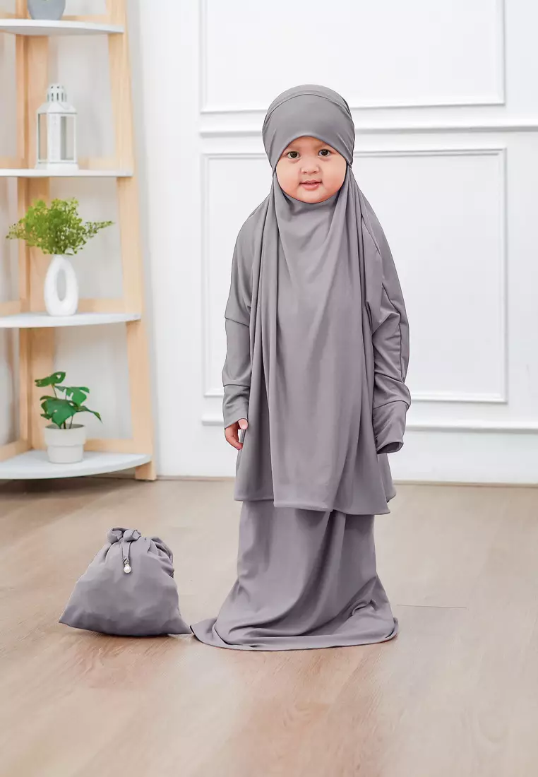 Zelena - Raudhia Prayer Set Anak | Set Mukena French Khimar - Lava Grey
