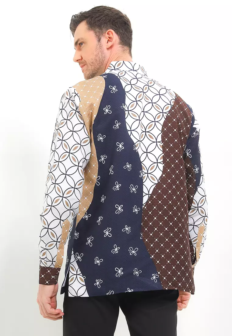 Kemeja Pria Lengan Panjang Batik Furing Linen Zahir White Navy Maroon Raya Eksklusive Dobby