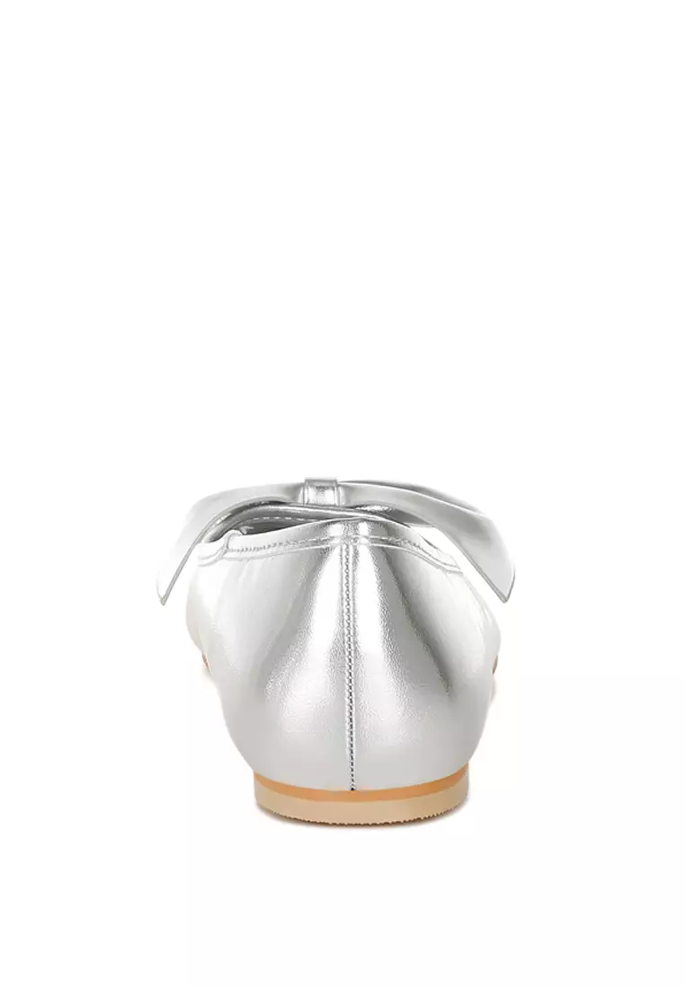 銀色金屬皮蝴蝶結芭蕾舞平底鞋