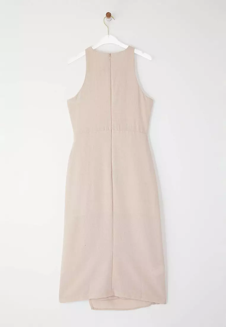 Stone Straight Binding Detail Midi Woven Dress Twoss25El00777