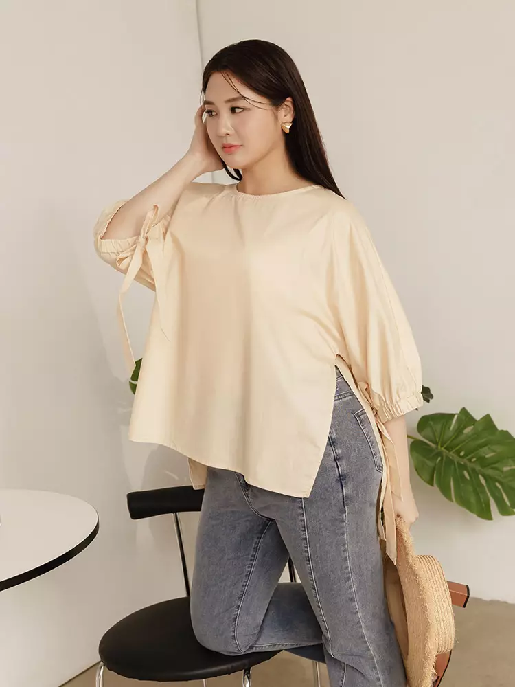 Cotton bow-tie puff sleeve slit top [AB19496]