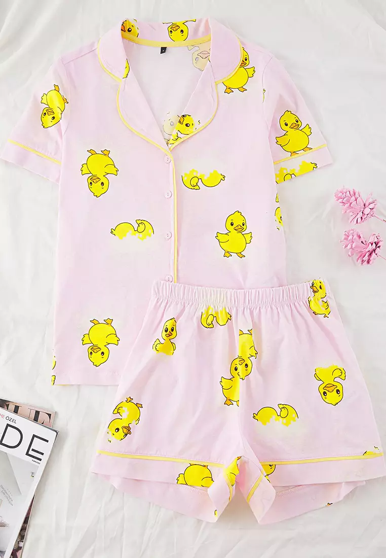 Pink 100% Cotton Duck Patterned Piping Shorts Knitted Pajama Set THMSS25PT00300