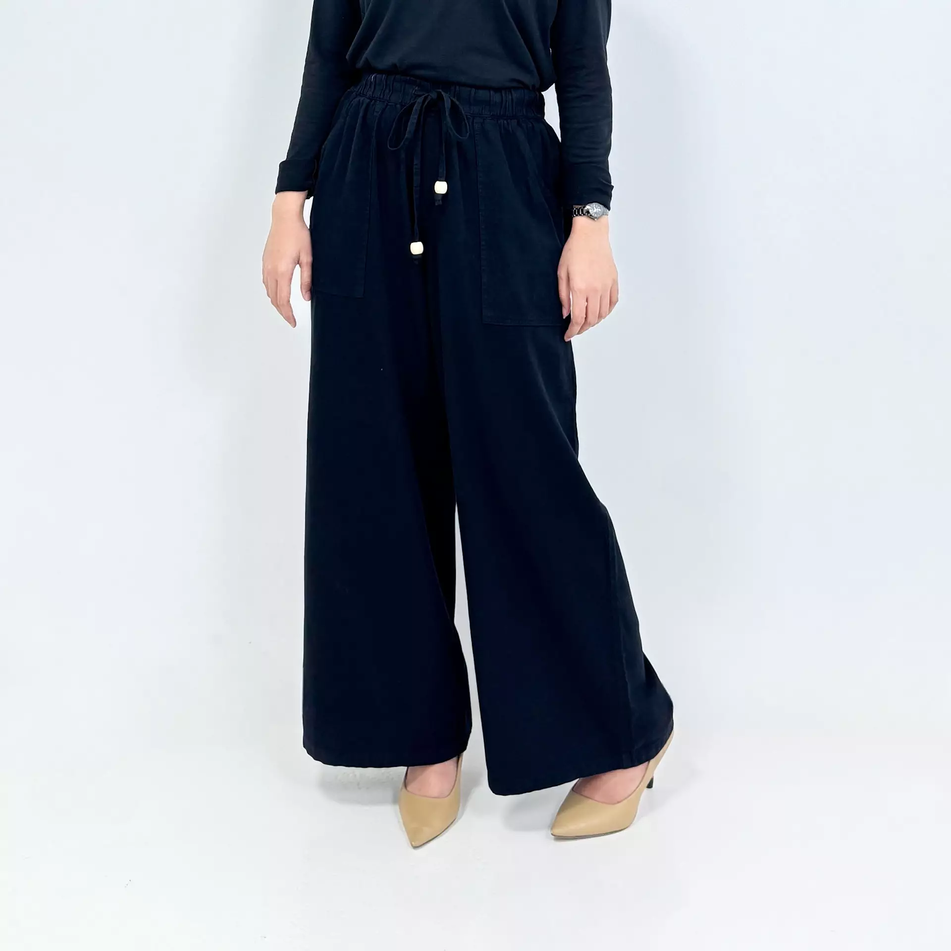 Palazzo Denim Lola [HITAM] Celana Panjang Kulot Soft Jeans Wanita Panjang 103 cm