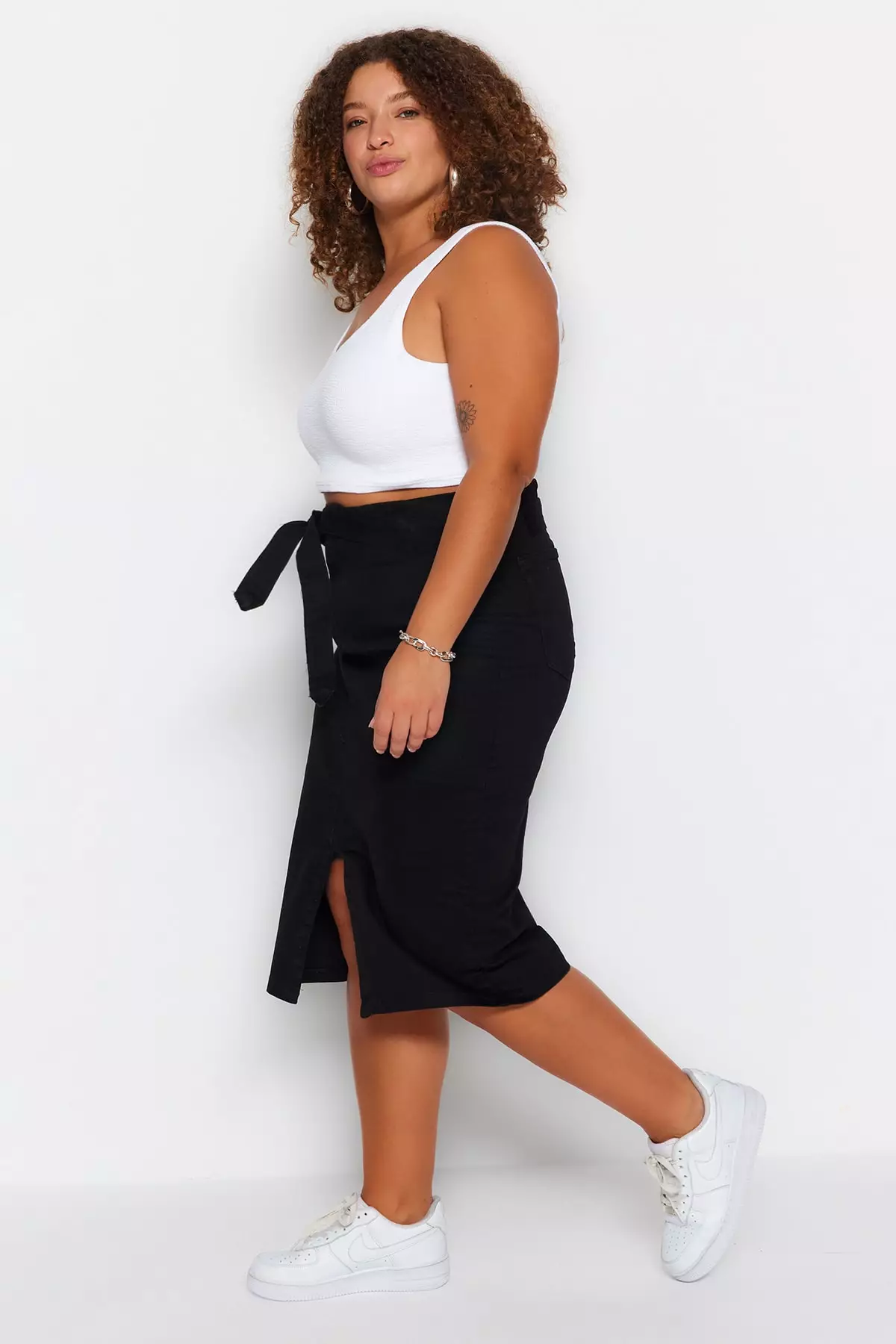 Plus Size High Waist Slit Denim Midi Skirt