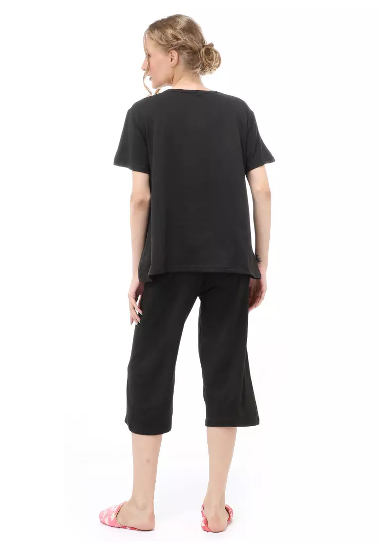 Vance Setelan Piyama Baju Tidur Wanita Celana Pendek 7/8 Material Spandex ORIGINAL - Black