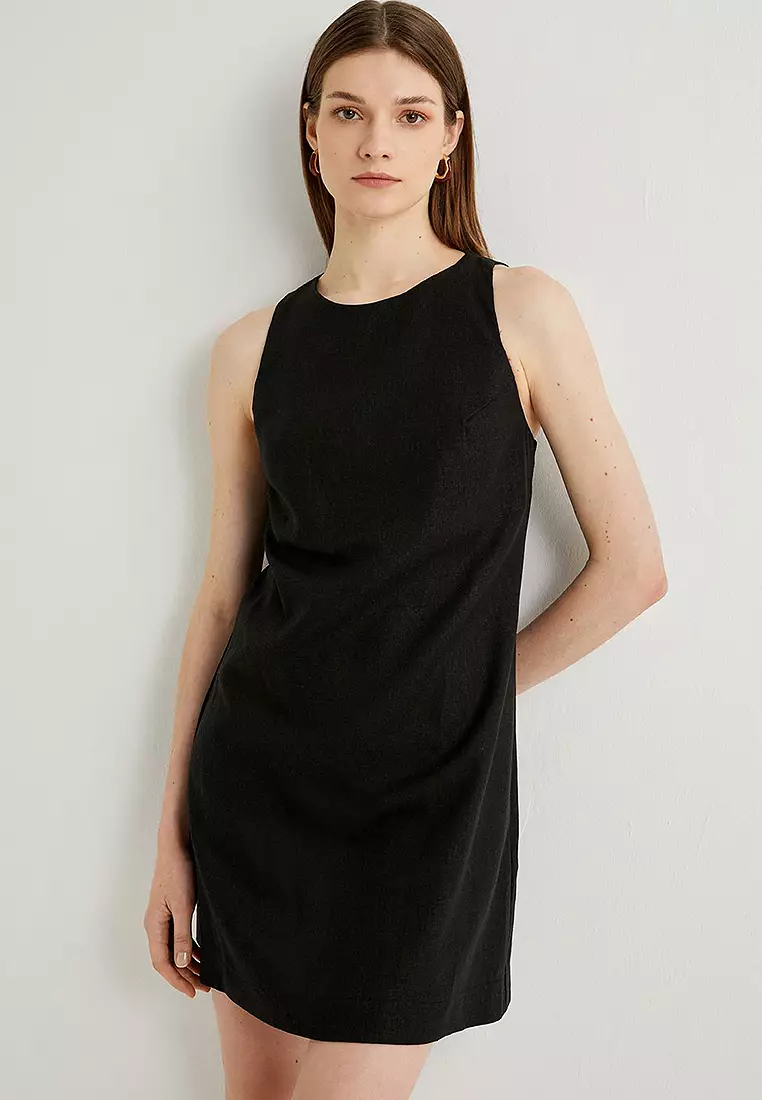 KOTON Window Detail and Crew Neck Mini Linen Dress