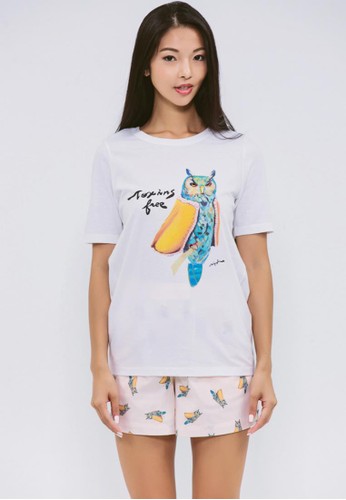 有機棉貓頭鷹插畫上衣,esprit台灣 服飾, T恤
