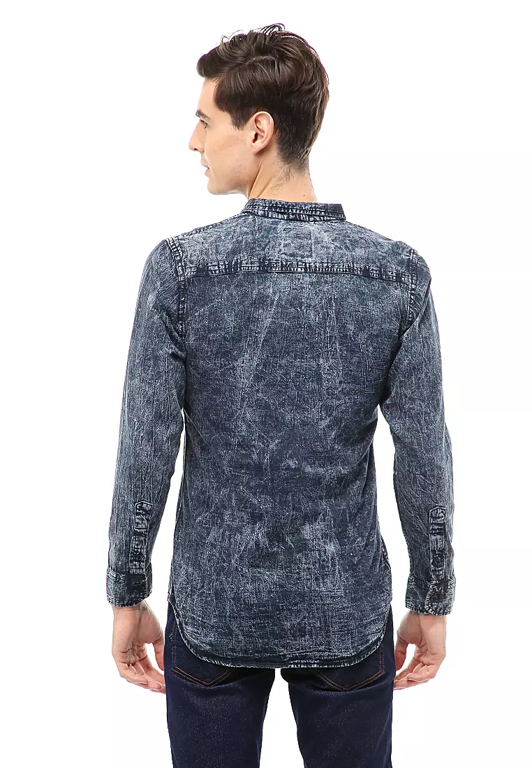 Dwan Atasan Kasual Kemeja Jeans Pria Slim Fit Lengan Panjang Material Denim ORIGINAL - Navy Wash