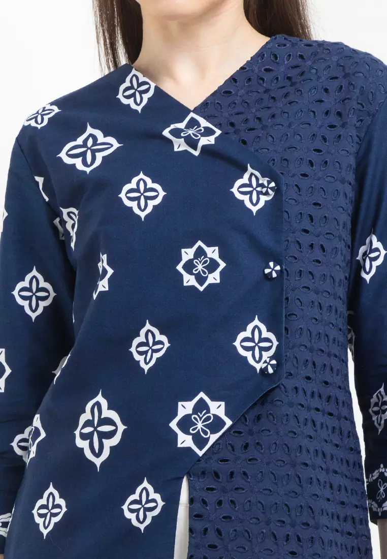 Blouse Atasan Wanita Iskara Katun Lace Lengan Panjang Blue