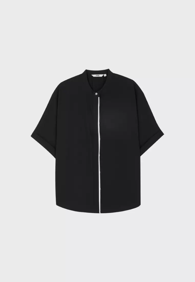 Black Color-Block Placket 3/4 Sleeve Top