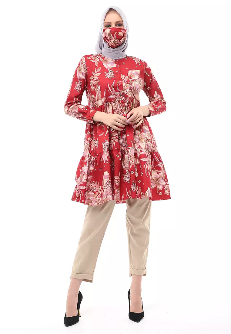 Sania Tunik Muslimah Atasan Wanita Long Sleeve Free Face Mask Premium Quality - 6 Maroon