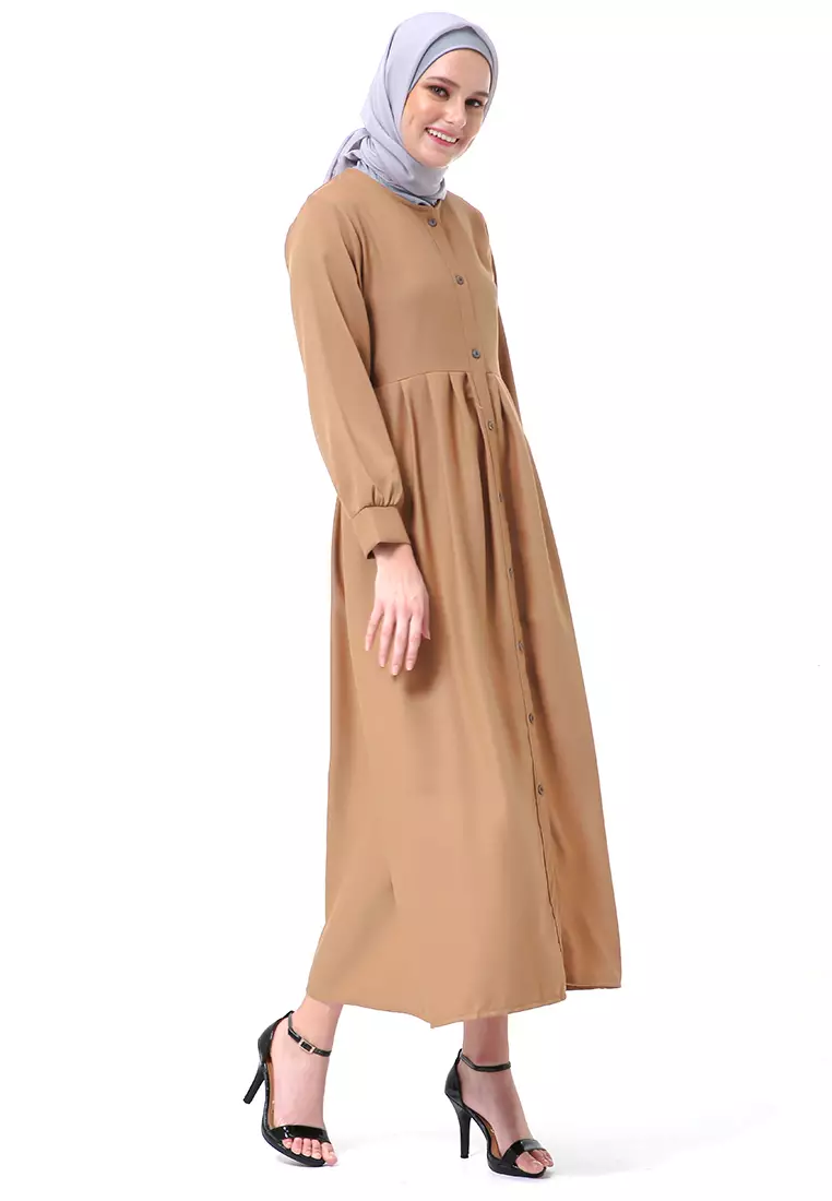 Kiyah Dress Button Muslimah Atasan Wanita Long Sleeve Premium Quality - Mocca