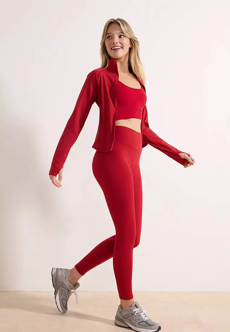 Red Soft Brushed Fabric Reflector Print Detailed Full Length Knitted Sports Leggings Thmaw25Ty2